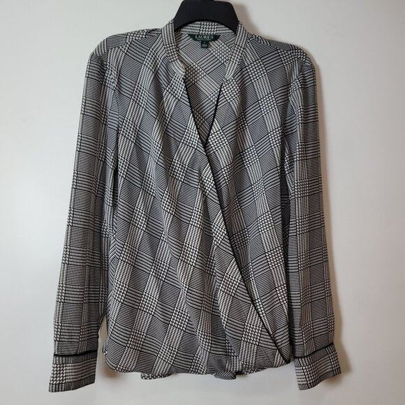 Lauren Ralph Lauren Womens Black & White Houndstooth Wrap Blouse Long Sleeve Siz - Picture 1 of 12